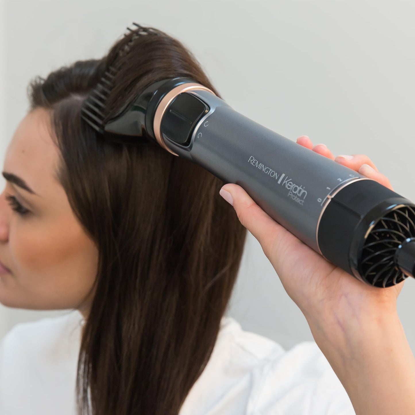 Remington hot air brush rotating [automatic] Keratin Protect (incl. 3 attachments: 2 round brushes + hairline booster for more volume) + hair clips, ceramic coating with almond oil, AS8811, gray