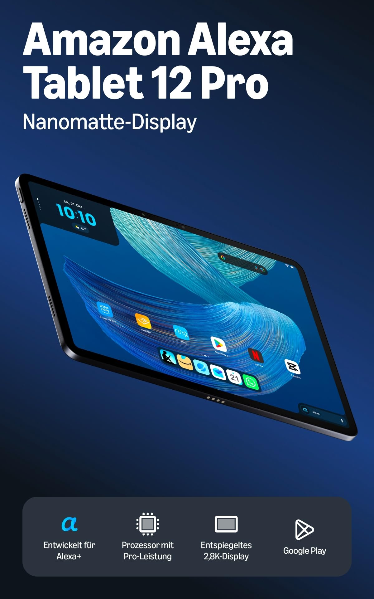 Noul tablet Amazon Alexa 12 Pro, 16 GB RAM, 256 GB, display Nanomatte de 12 inch cu 2,8K, baterie pentru întreaga zi, cu Google Play, dezvoltat pentru Alexa+, culoare grafit. - SP24NE