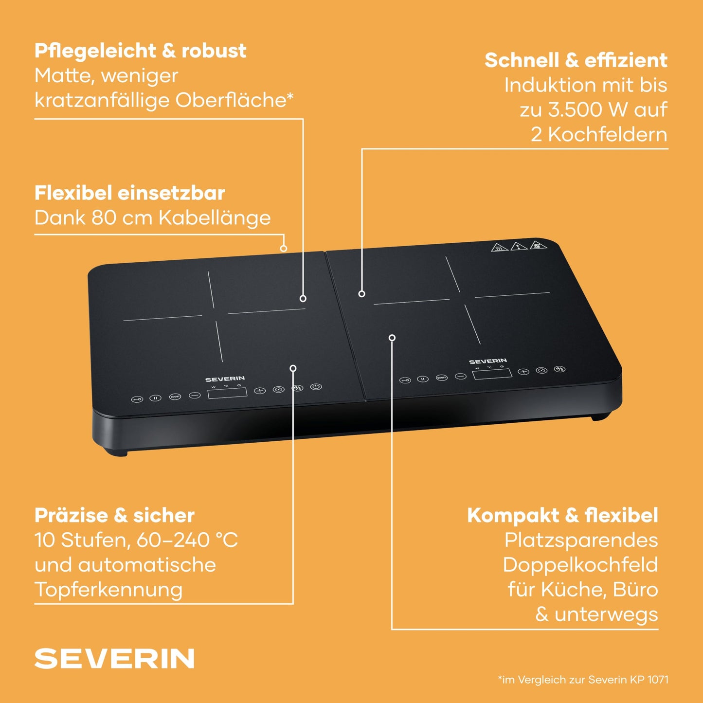 Severin induction hob, 2 plates, 10 power levels, temperature range 60-240°C, touch display, matt hotplates, less prone to scratches, glass ceramic hobs, black, 3,400 W, DK 1028