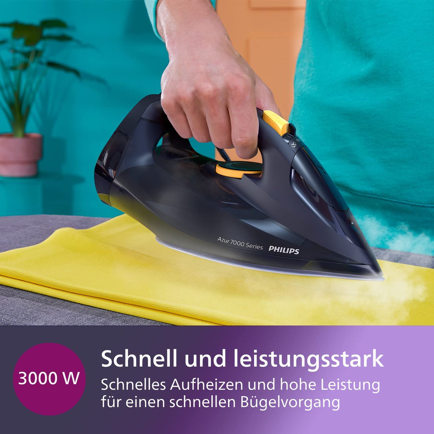 Philips Azur 7000 Series Steam Iron - 3000W, 55 g/min Continuous Steam, 250 g Steam Shot, Vertical Steam, SteamGlide Elite Soleplate, Dark Blue/Yellow (DST7060/20)