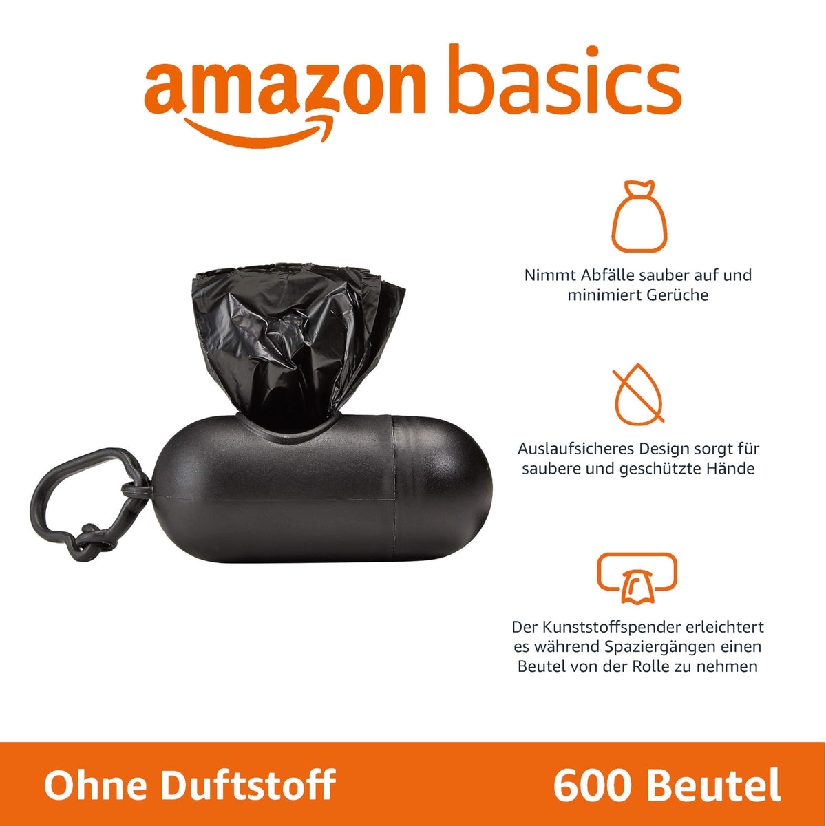 Amazon Basics Pungi pentru excremente de câine cu dispenser și clip pentru lesă, fără parfum, pachet de 600, negru - 100340-APL