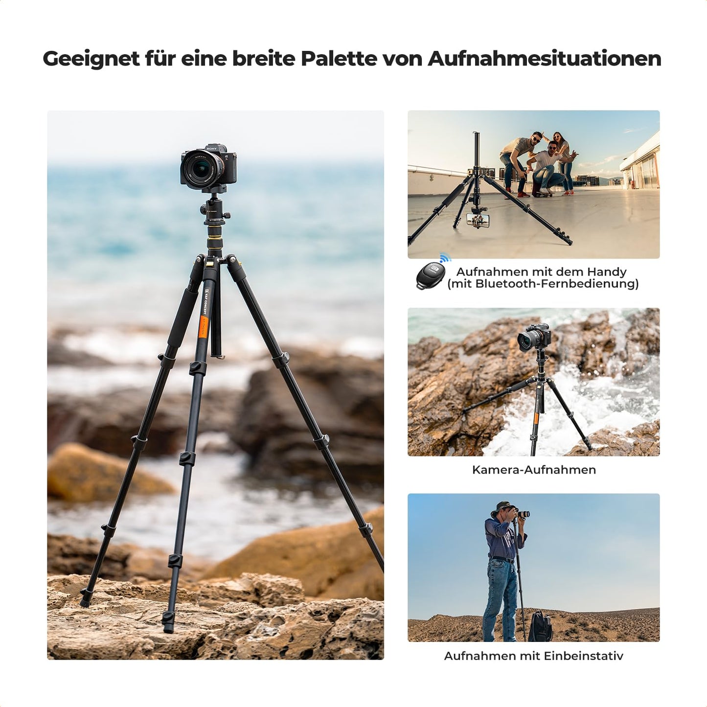 K&F CONCEPT camera tripod, 184cm mobile phone camera tripod, lightweight tripod with mobile phone holder and remote shutter release, portable photo tripod for camera and smartphone, aluminum tripod with 2 quick-release plates - TM2324
