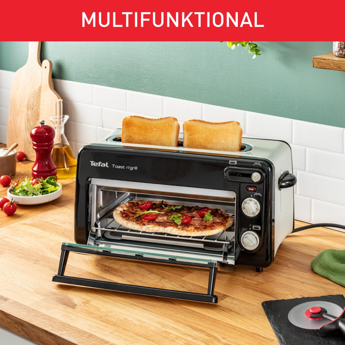 Tefal RETRO Toast n’ Grill – 2-in-1 Toaster and Mini Oven, 1300 W, energy-efficient mini oven for toasting, grilling & reheating, compact, Black/Matt Aluminum, TL6008 [Energy Class A++] - TL600830