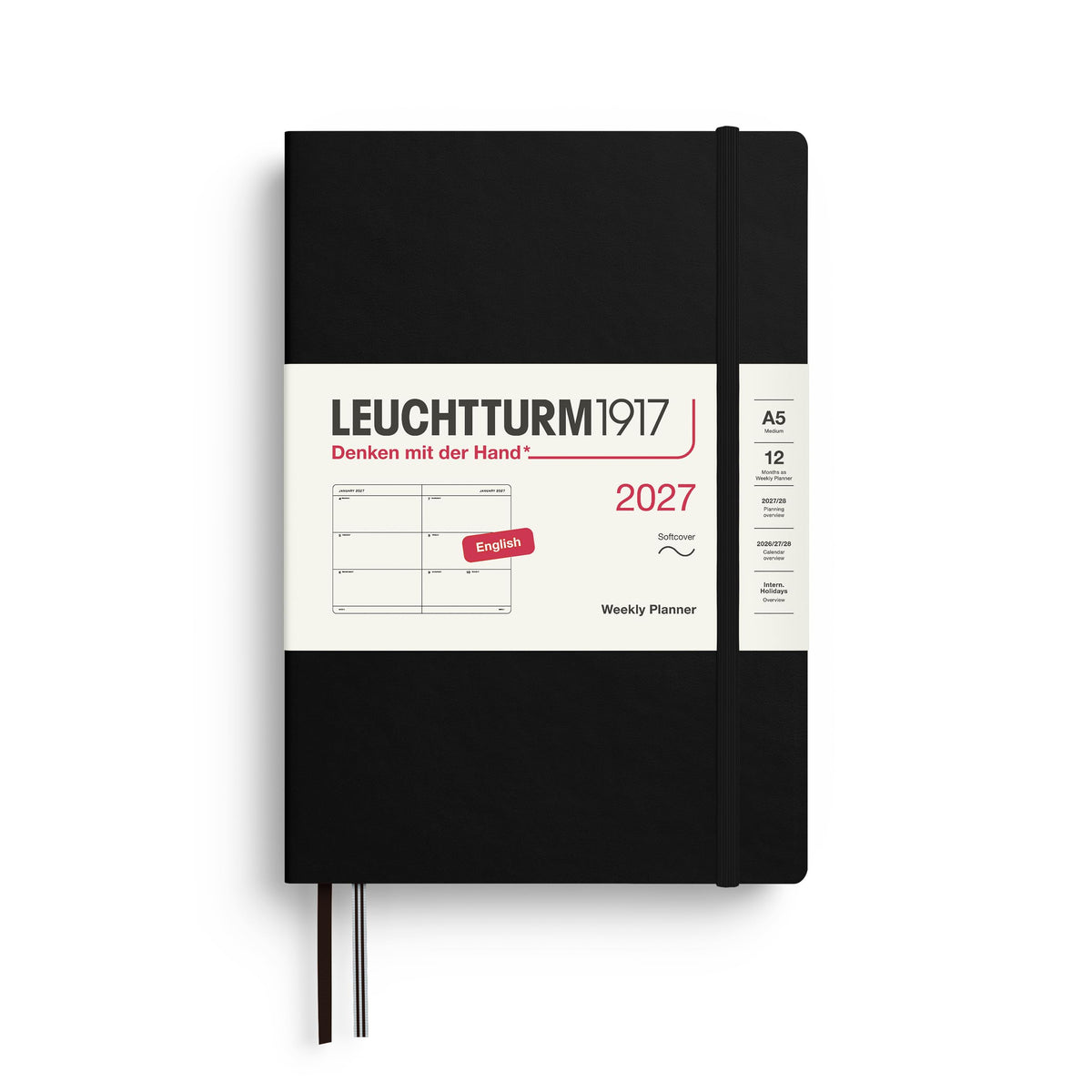 LEUCHTTURM1917 Calendar săptămânal 2027 Mediu (A5) - engleză, negru, copertă moale, 145 x 210 mm, 12 luni - ianuarie-decembrie 2027, 1 săptămână pe pagină dublă, hârtie de 80 g/m² cu compatibilitate ridicată cu cerneală - 400293