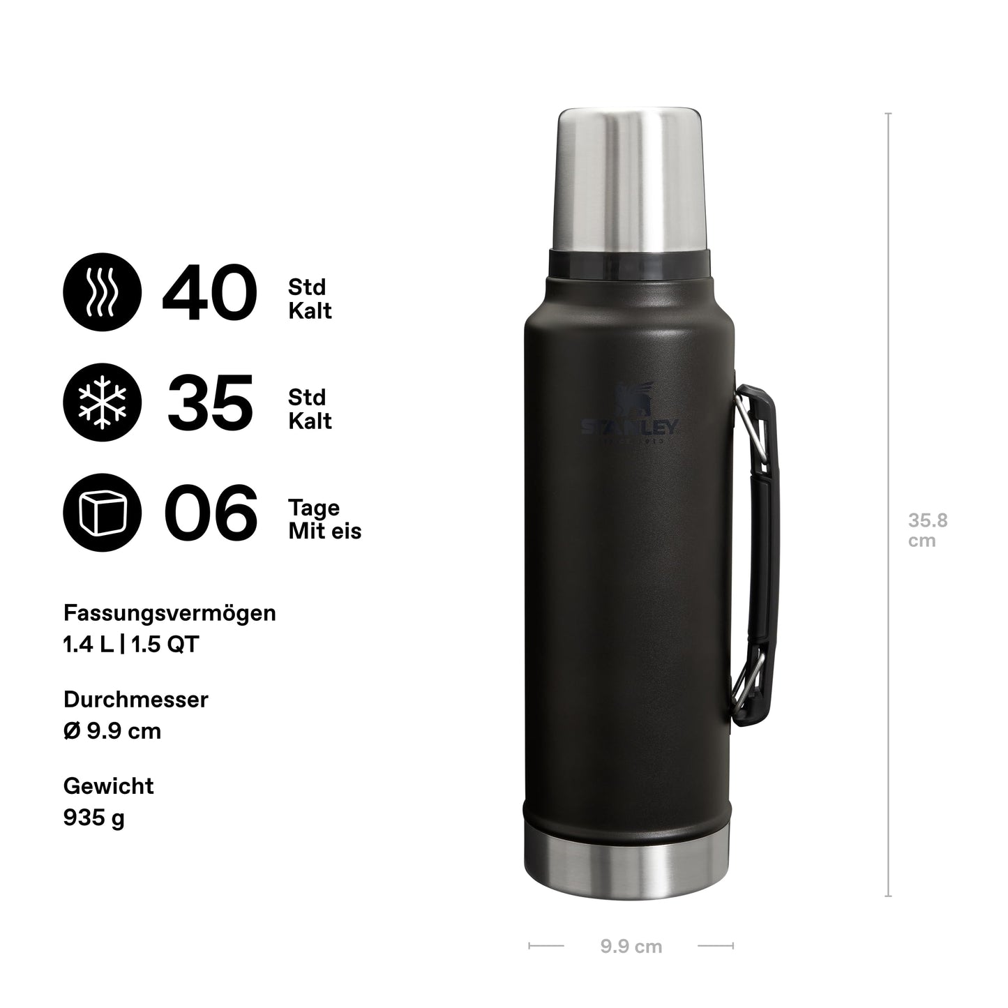 Stanley 1913 Classic Legendary Thermos Bottle 1.4L - Thermos Keeps Hot or Cold for 40 Hours - Stainless Steel Thermos Flask - BPA Free - Dishwasher Safe - Black 2.0 - 100000115849