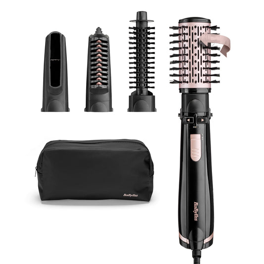 BaByliss Dry, Straighten and Style - Perie rotativă cu aer cald, 1000W, uscător cu perie rotundă cu ioni, cu 4 accesorii pentru uscare, îndreptare și crearea volumului, Negru, AS200E