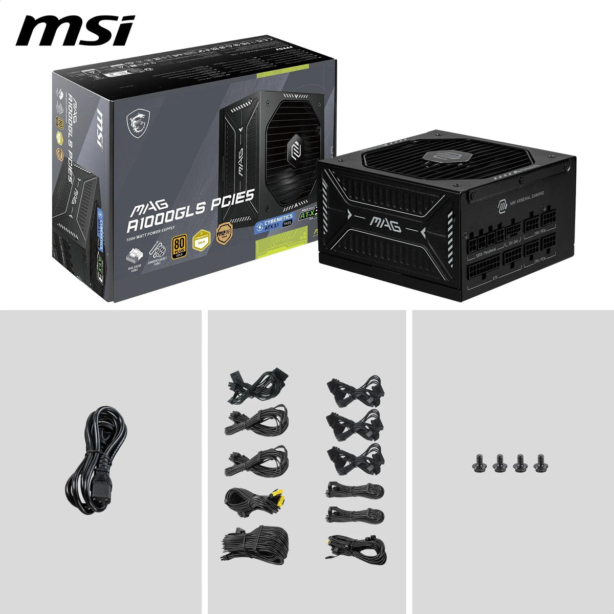 MSI MAG A1000GLS PCIE5 Sursă de alimentare, 1000W, 80 Plus Gold, ATX 3.1, suport pentru GPU PCIe 5.1, 12V-2x6 nativ, conector 12V-2x6 bicolor, sursă ATX, cabluri modulare - 306-7ZPIX11-CE0