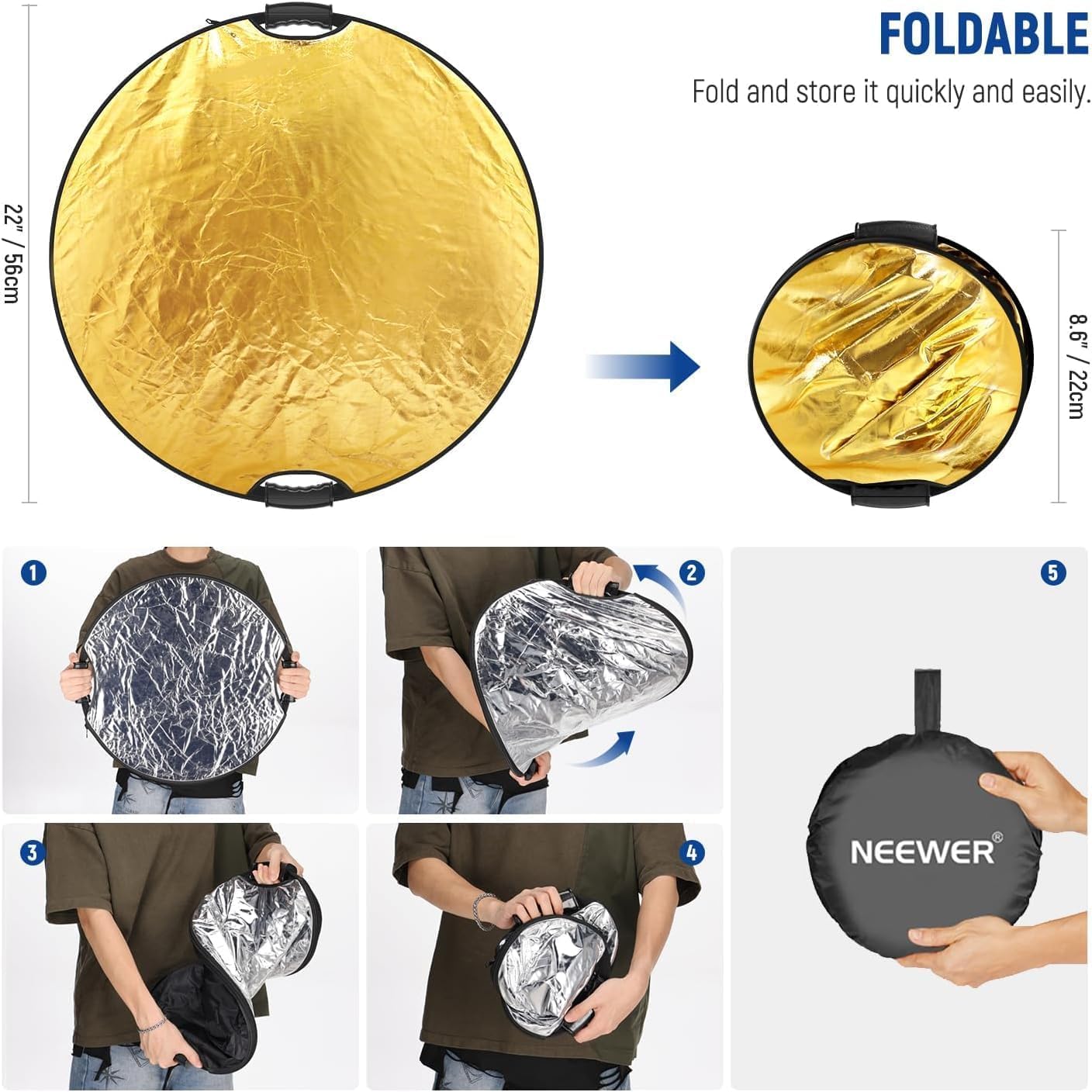 NEEWER 22"/56cm 5 in 1 light reflector with clamp & handles, polyester multi-disc photo diffuser, translucent/silver/gold/white/black, with 3/8" thread for studio & outdoor lighting, RF-56II