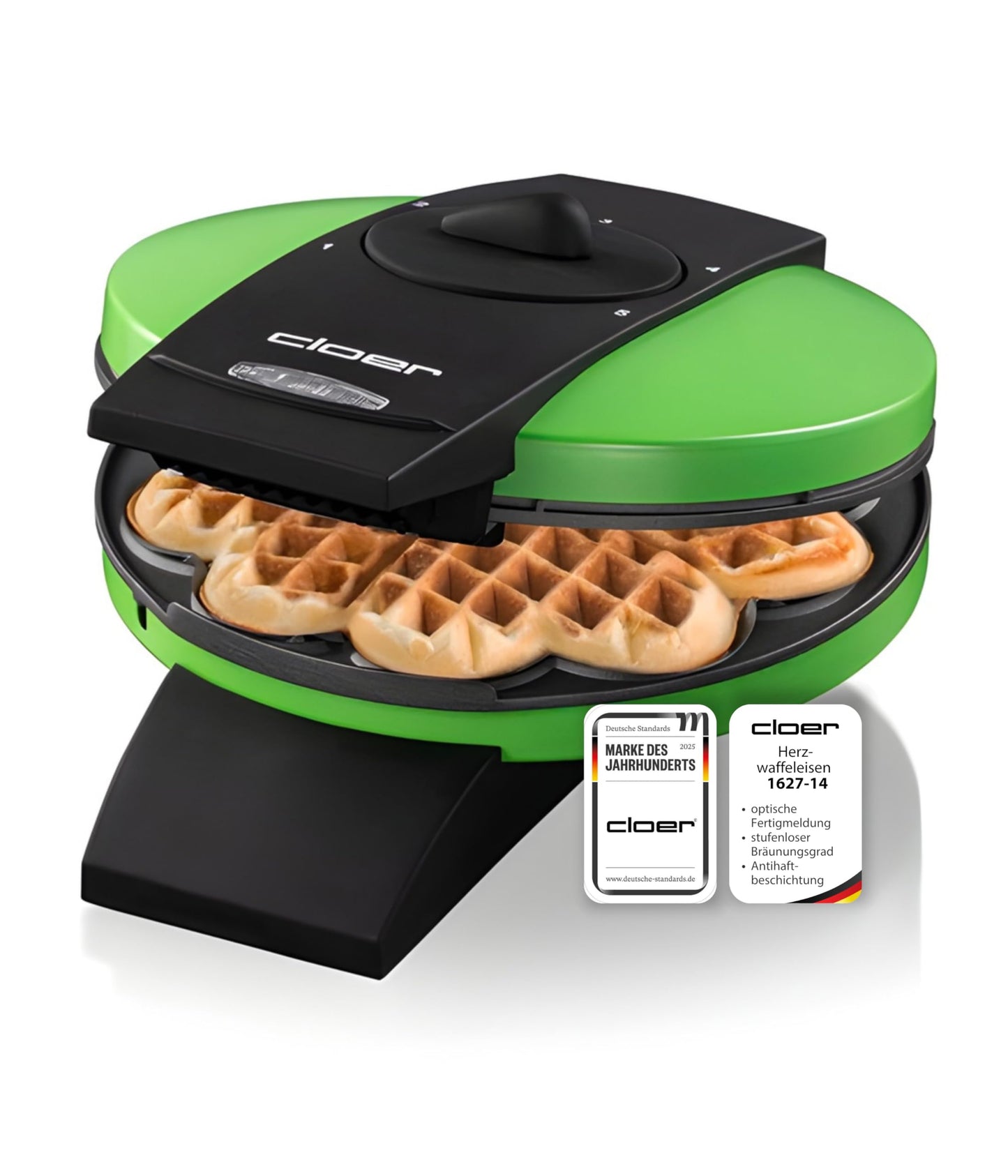 Cloer 1627-14 waffle iron for classic heart waffles, 930 W, waffle size 15.5 cm, continuously selectable browning level, green