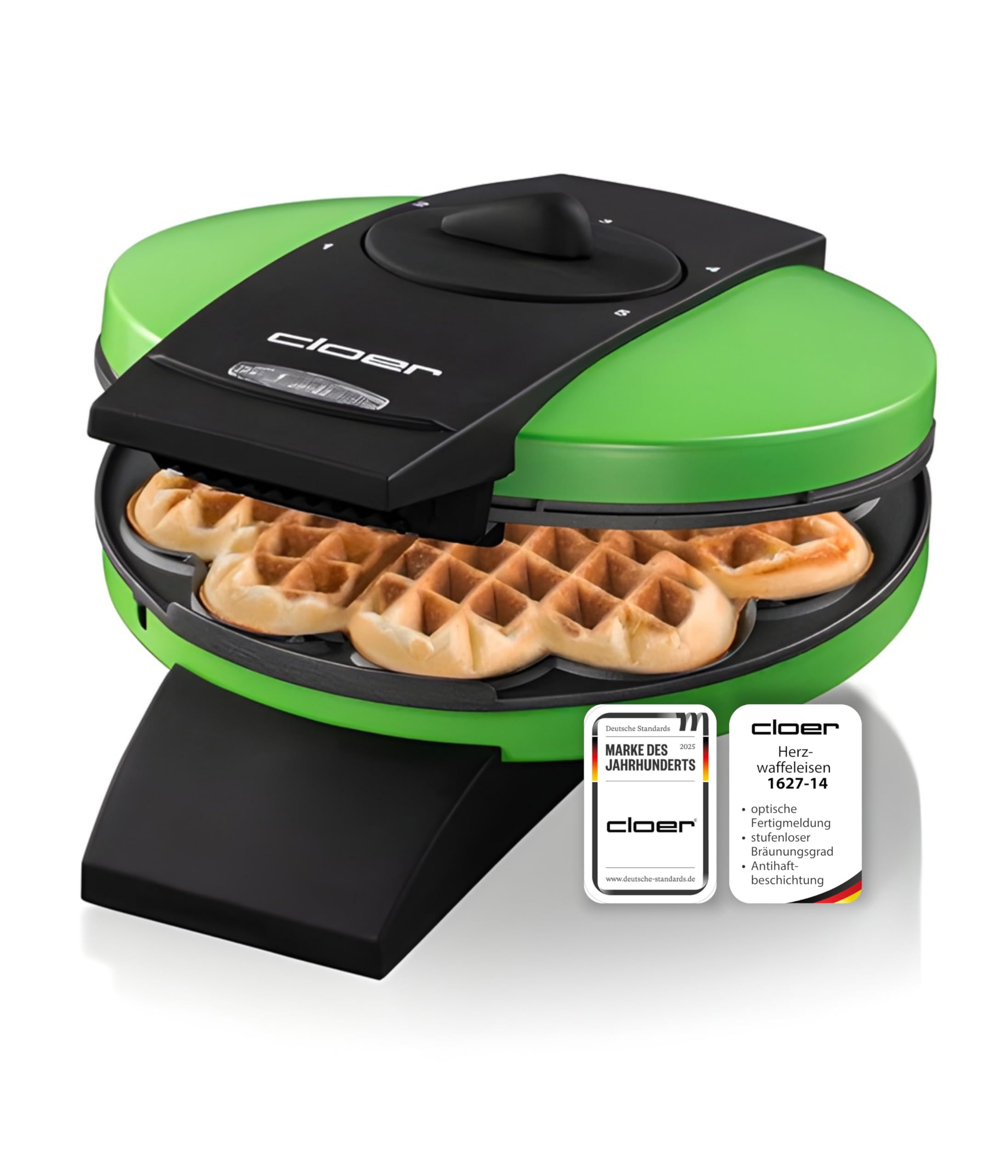 Aparat de făcut vafe Cloer 1627-14 pentru vafe clasice în formă de inimă, 930 W, dimensiune vafă 15,5 cm, nivel de rumenire reglabil continuu, verde