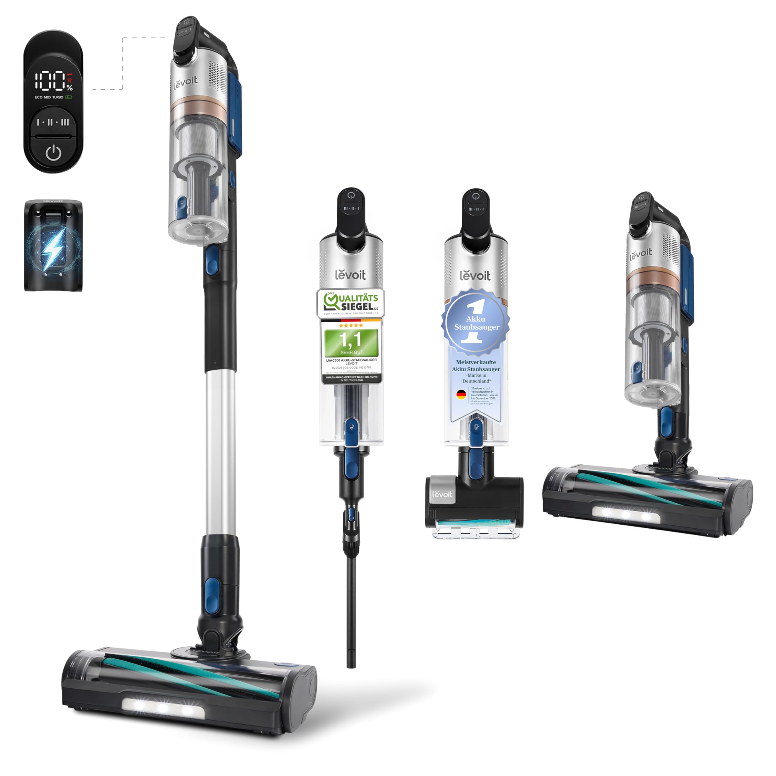 Levoit - Cordless vacuum cleaner - Running time for 150㎡ - Wireless vacuum cleaner - 99.9 percent dust capture rate - Mini motor brush - Self-standing - Anti Tangle - For pet hair/carpets/hard floors/car-LVAC-300, blue - LVAC-300DE