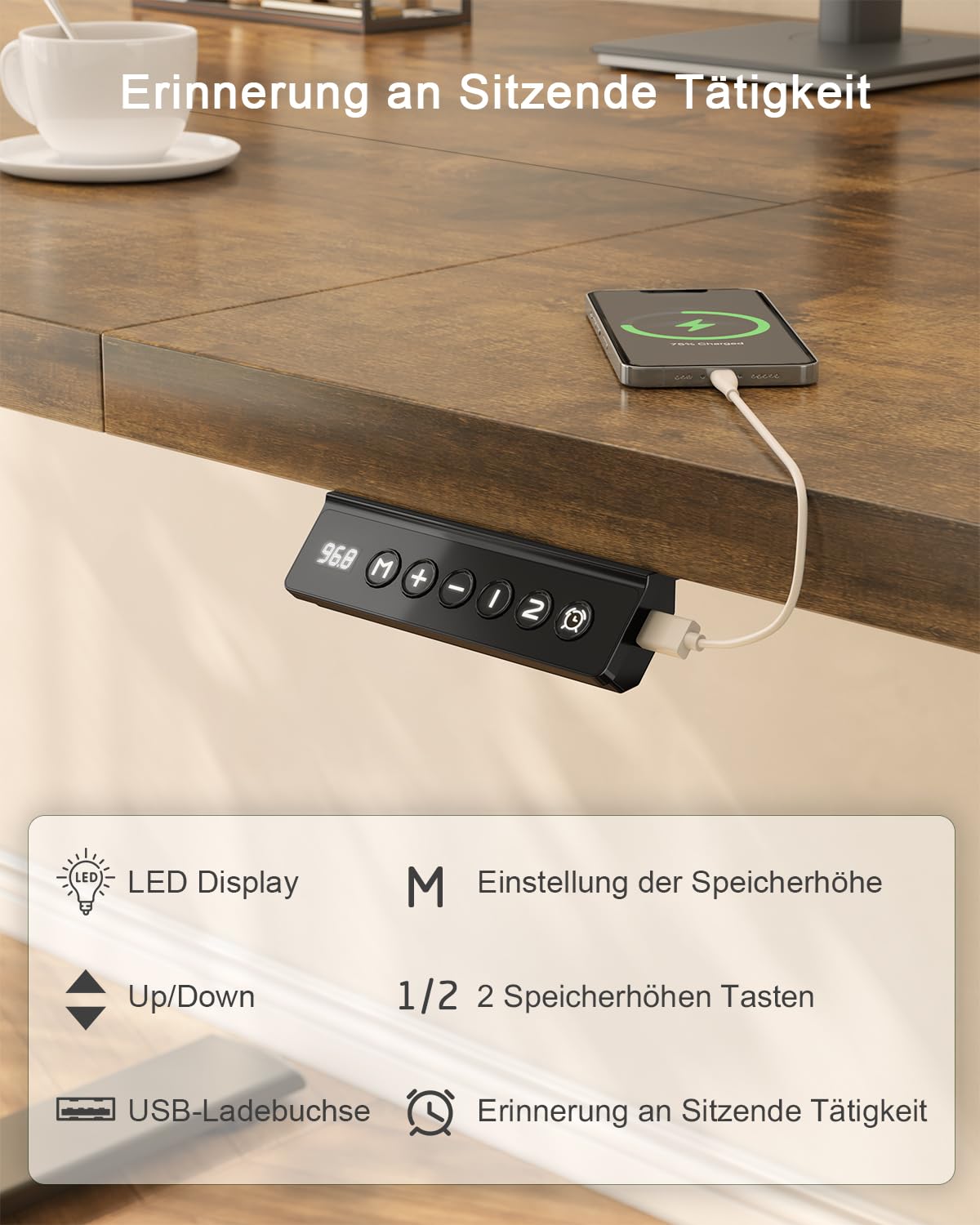 JUMMICO Height-adjustable desk with USB charging port, desk height-adjustable electric 180 x 80 cm, stand-sit table, standing desk, adjustable computer table, standing desk, brown - 0403
