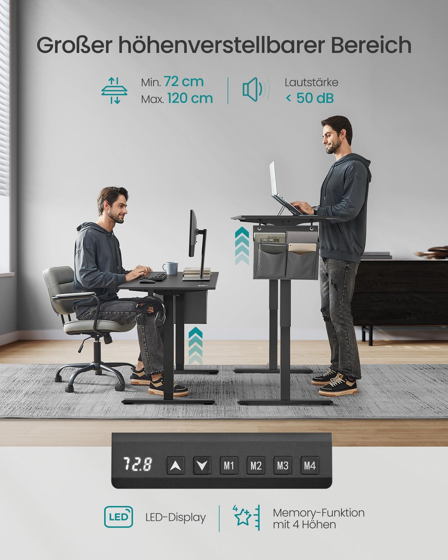 SONGMICS Height-adjustable desk electric, 120 x 60 cm, adjustable table, memory function for 4 heights, for office, ink black LSD132B01 - LSD015X01