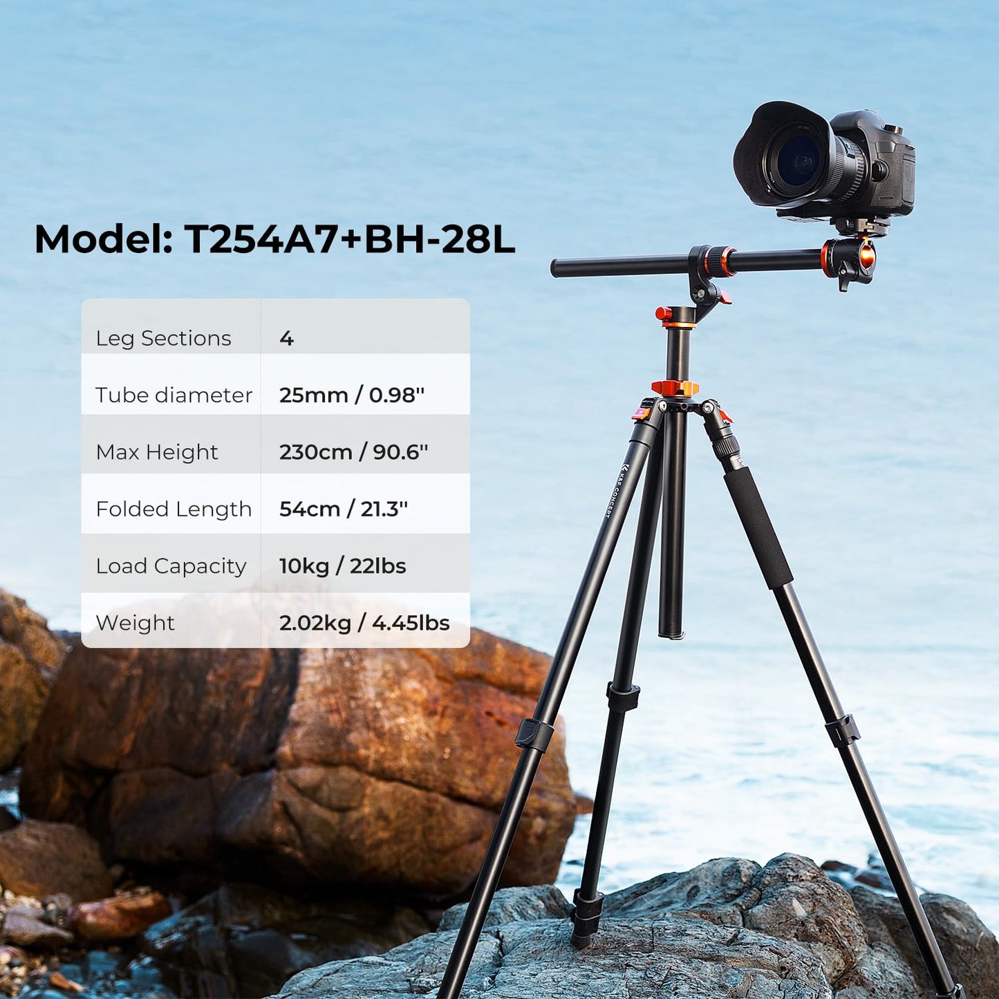 K&F CONCEPT New tripod for camera, 230cm professional camera tripod with new center column construction, removable monopod, tripod for outdoor and indoor shots T254A7+BH-28L - KF09.119