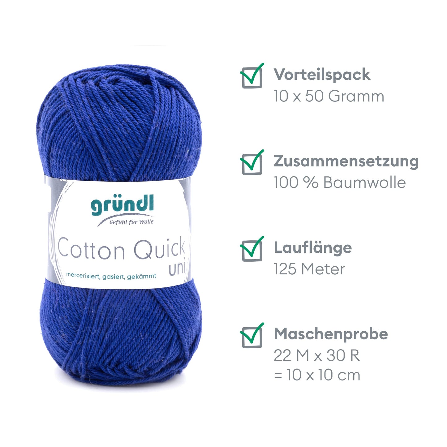 Gründl Wolle Cotton Quick uni - thin wool for crocheting - knitting yarn - crochet yarn - shiny and skin-friendly - 100% cotton - 10 balls 50 g / 125 m - needle size 3-4 - navy blue - 865-135