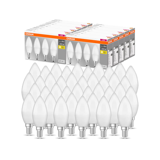 Osram LED Base Classic B, in candle shape with E14 base, not dimmable, replaces 40 watts, matt, warm white - 2700 Kelvin, 40 pack - 4058075819474