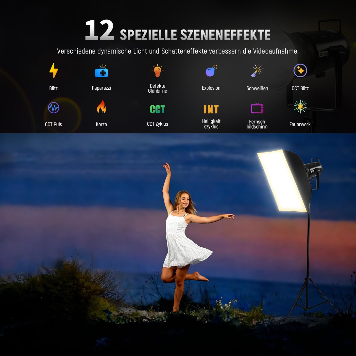 NEEWER 210W COB LED video light with 2.4 G/APP control, 2700K-6500K two-color continuous light power for studio photography with Bowens mount, 90000Lux/1m, CRI/TLCI97+, GM ±50, CB200B PRO