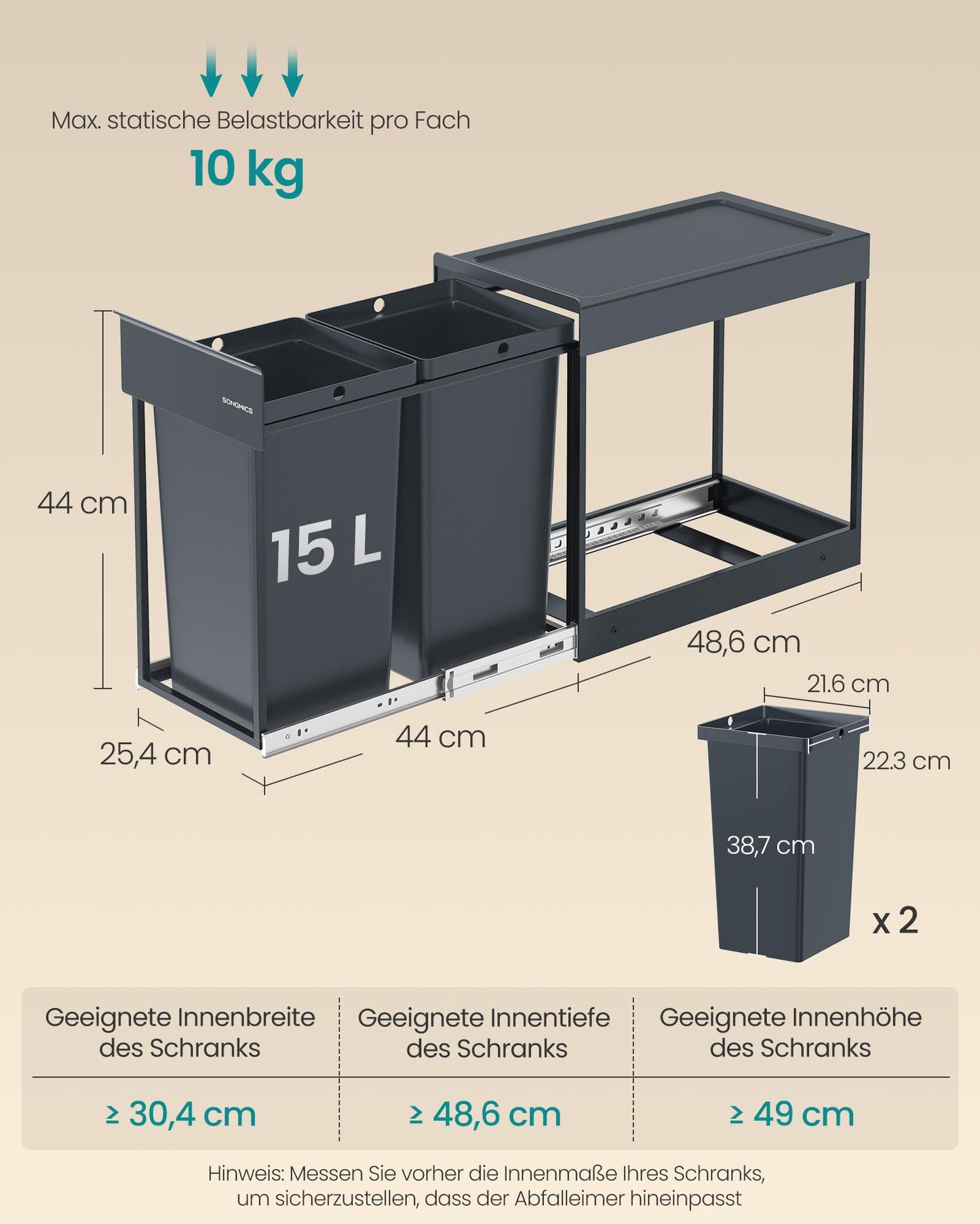 SONGMICS waste bin kitchen, waste separation system for base cabinet, 2 x 15 L, waste bin 2 compartments, extendable, steel frame, ABS lid, gray LTB950GZ01