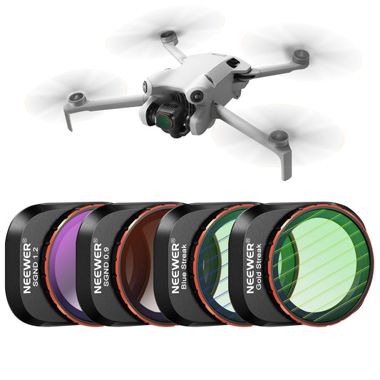 NEEWER ND and effect filter set compatible with DJI Mini 4 Pro, pack of 4 GND0.9 GND1.2 soft color gradient neutral density/blue/gold stripes anamorphic effect filter, HD optical glass/aluminum frame - FL-32