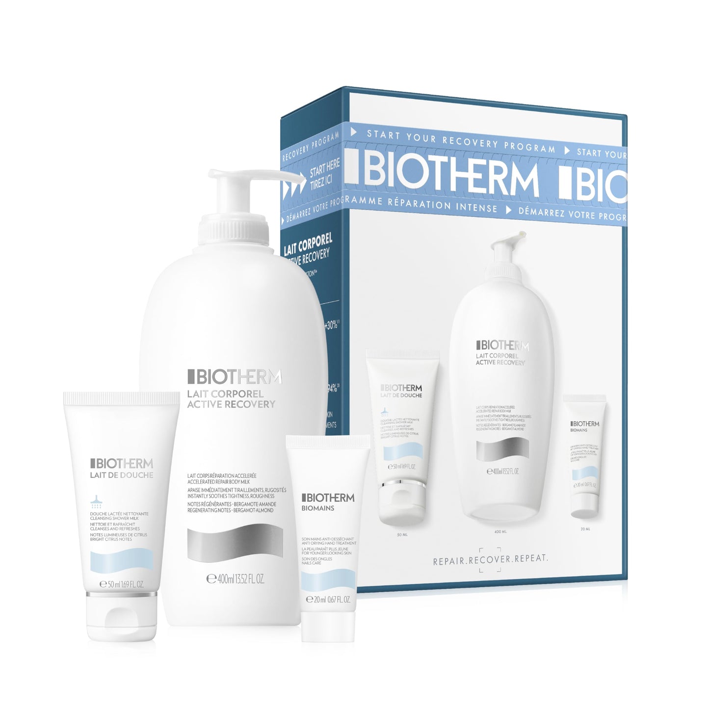 Biotherm Lait Corporel Intense Routine Set (Lait Corporel 400ml, Lait de Douche 200ml & Biomains Hand Cream 50ml), moisturizing body care set