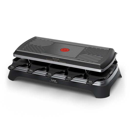 Tefal Raclette 3-in-1 Raclette-Grill & Plancha, Thermo-Signal, plăci antiaderente și tigăi, depozitare ușoară, inclusiv accesorii pentru până la 10 persoane, Negru, RE458NF0