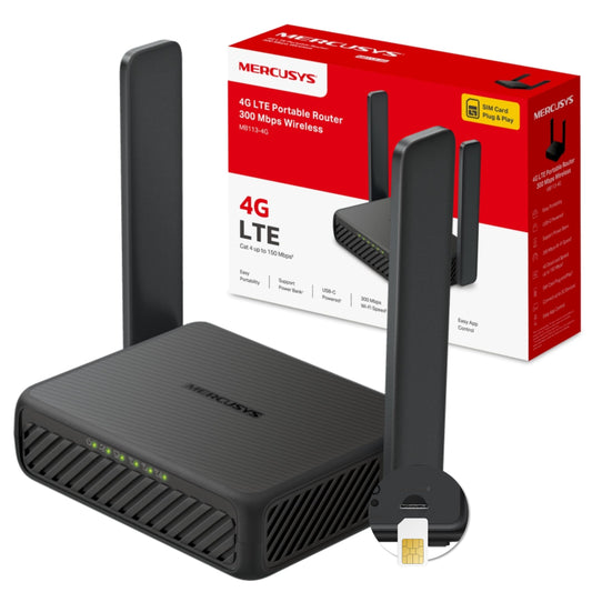 Mercusys MB113-4G LTE WLAN Router, portable 4G router with SIM card, Cat 4 up to 150 Mbit/s, 2× 100 Mbps ports, OpenVPN, plug & play, supports up to 32 devices, power bank operation.