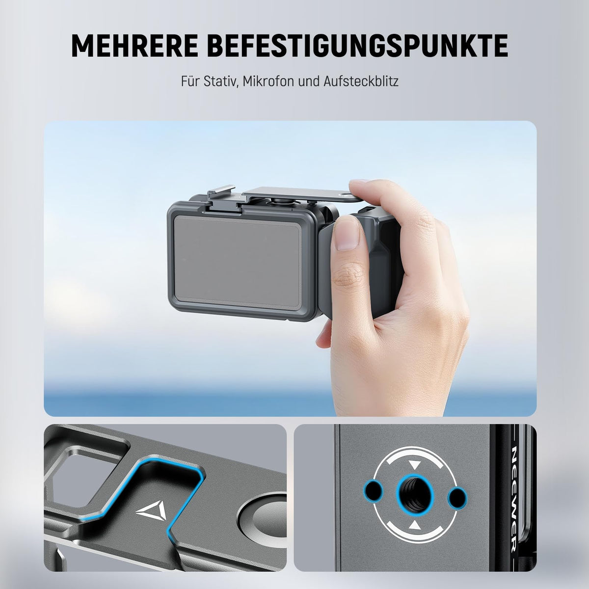 NEEWER Cage and Side Handle Set Compatible with DJI Osmo Action 5 Pro / 4/3, Metal Guard with Magnetic Adapter Mount, Cold Shoe Shutter Extender Bar, Dark Gray, AC014+AC034