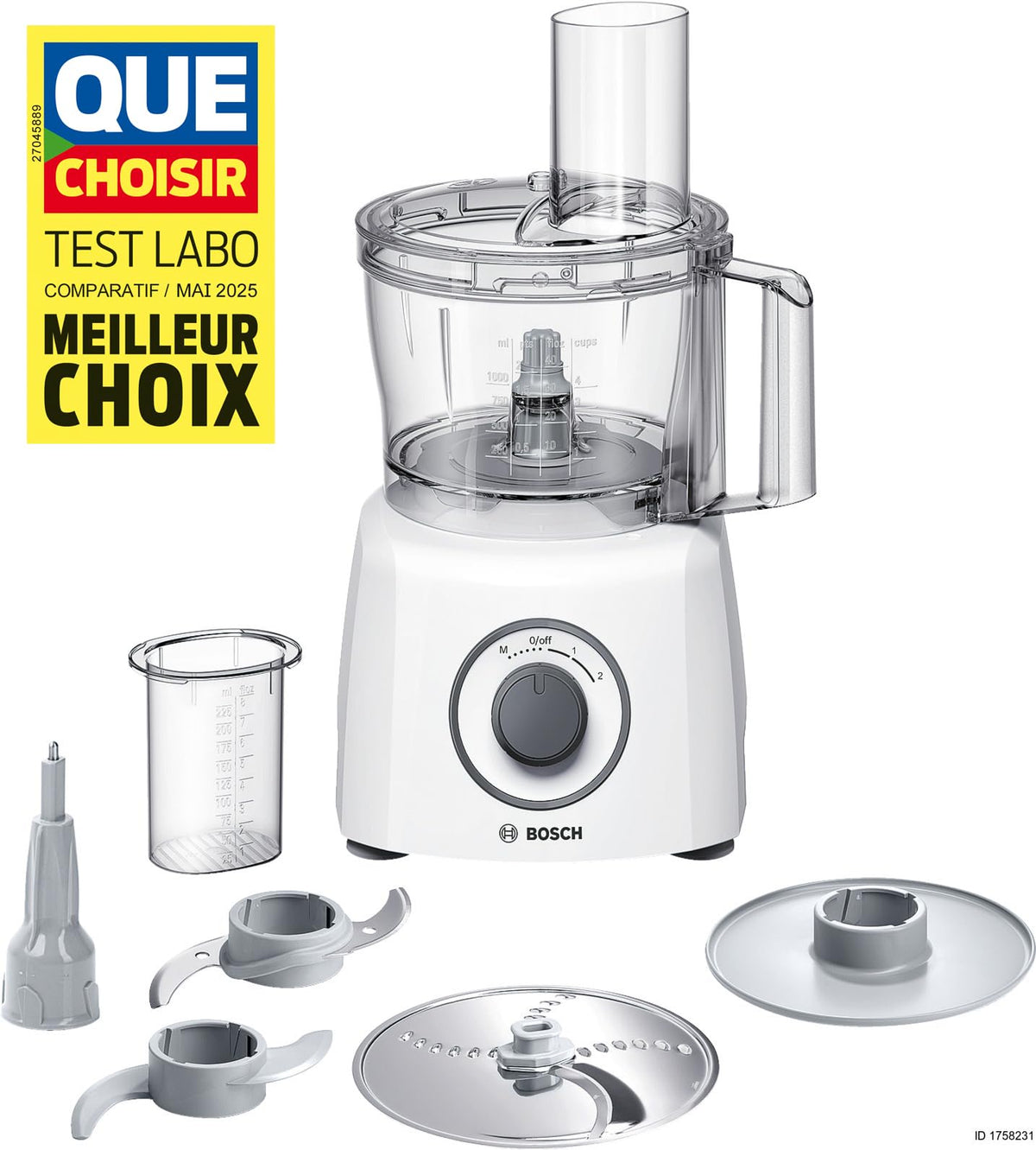 Bosch Compact Kitchen Machine MultiTalent 3, 20 functions, mixing bowl 2.3 L, universal knife, cutting-grating-turning disc, whipping disc (for cream), filling aid, lid, 800 W, white, MCM3100W