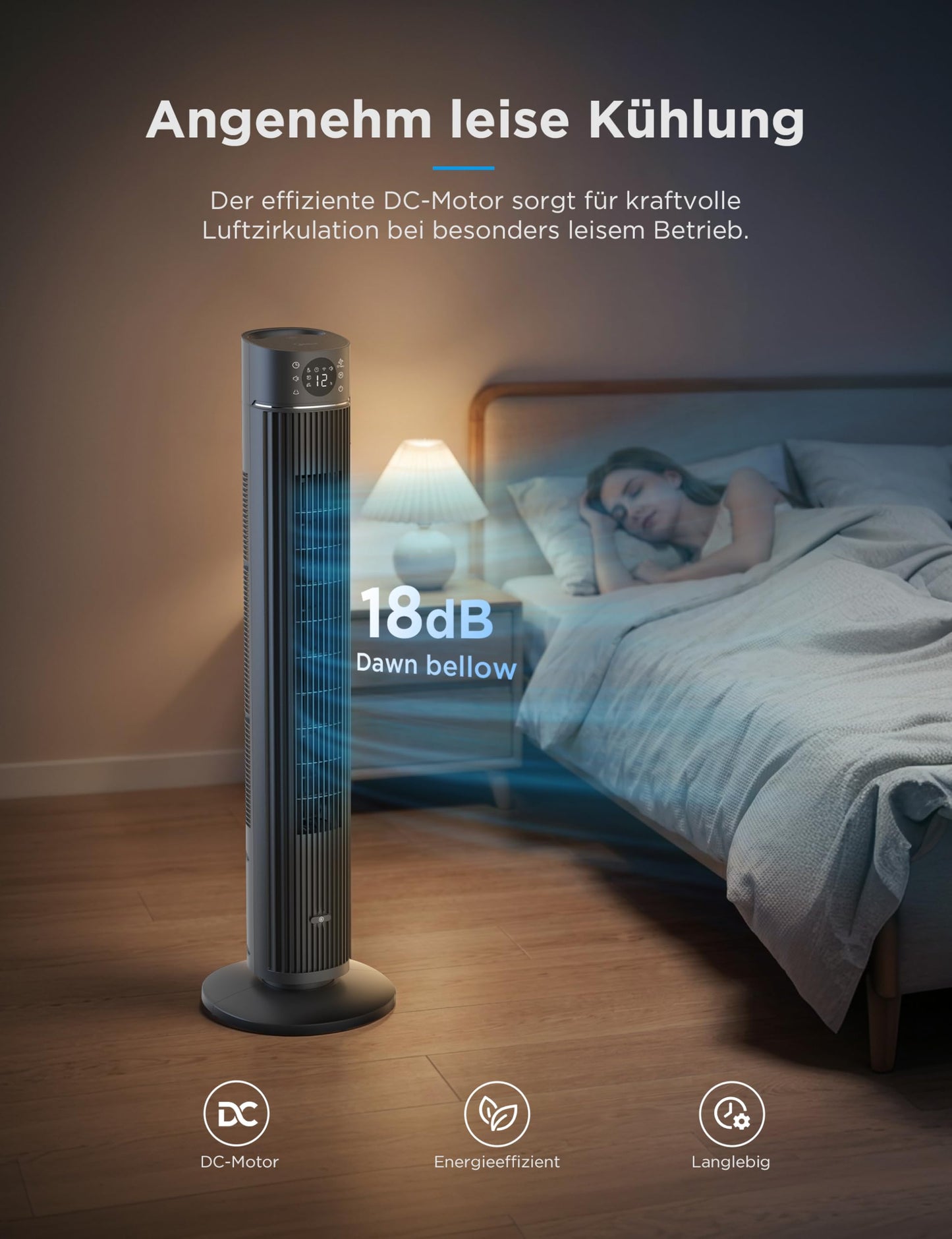 Midea FZ10-26ARDW Smart Quiet Tower Fan with Remote Control, 19 dB Whisper Quiet, DC Motor, 4 Modes & 12 Levels, 24h Timer, App Control for Bedroom, Living Room & Office, Black, 105cm - FZ10-26ARDW(BL)