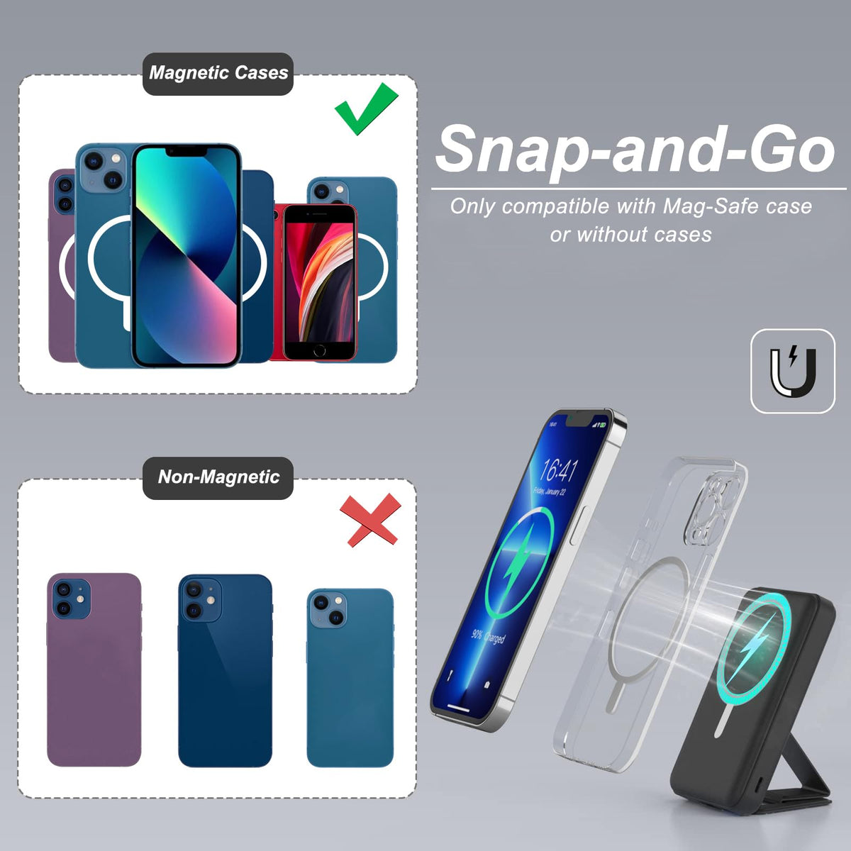 AOGUERBE Power Bank fără fir, 10.000 mAh Power Bank magnetic pliabil PD 22,5 W Încărcare rapidă cu afișaj LED, compatibil cu MagSafe pentru seria iPhone 17/16/15/14/13/12/Pro/Pro Max. (Negru) - KT-D009
