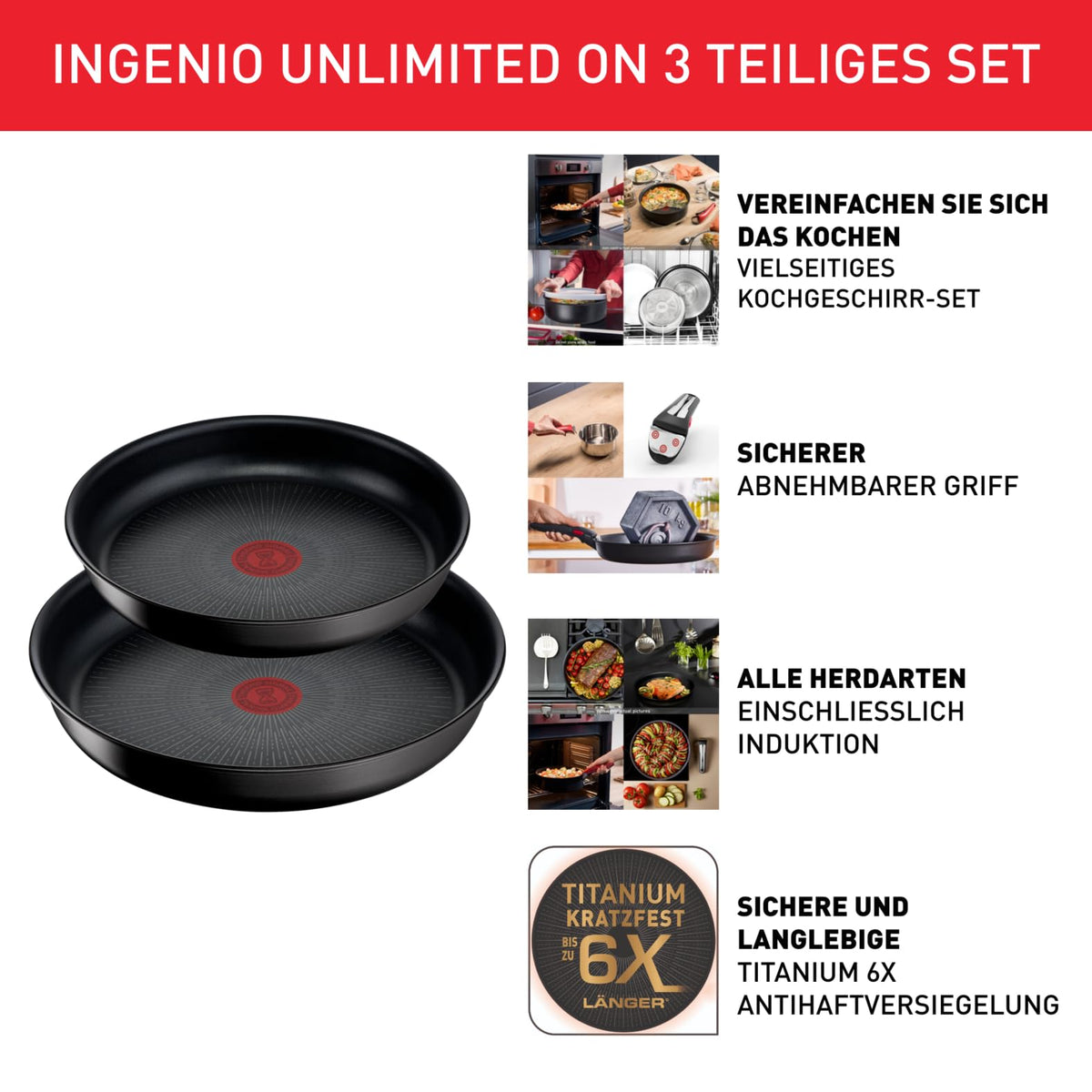 Tefal Ingenio Unlimited 3-piece frying pan set with removable handle, 22/26 cm, space-saving, stackable, induction-compatible frying pan set with non-stick coating, easy to use and clean, L39598
