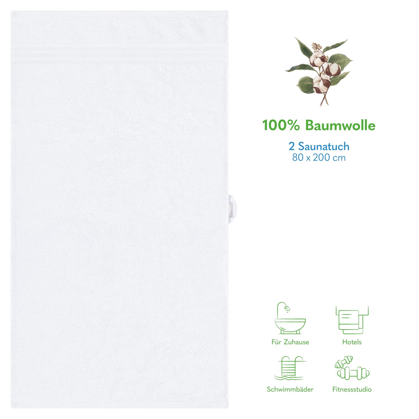 Hammetex sauna towels 80x200 cm set of 2 - extra large shower towels - 100% cotton terry - Oeko-TEX certified - soft, absorbent - with hanger, white - RN331