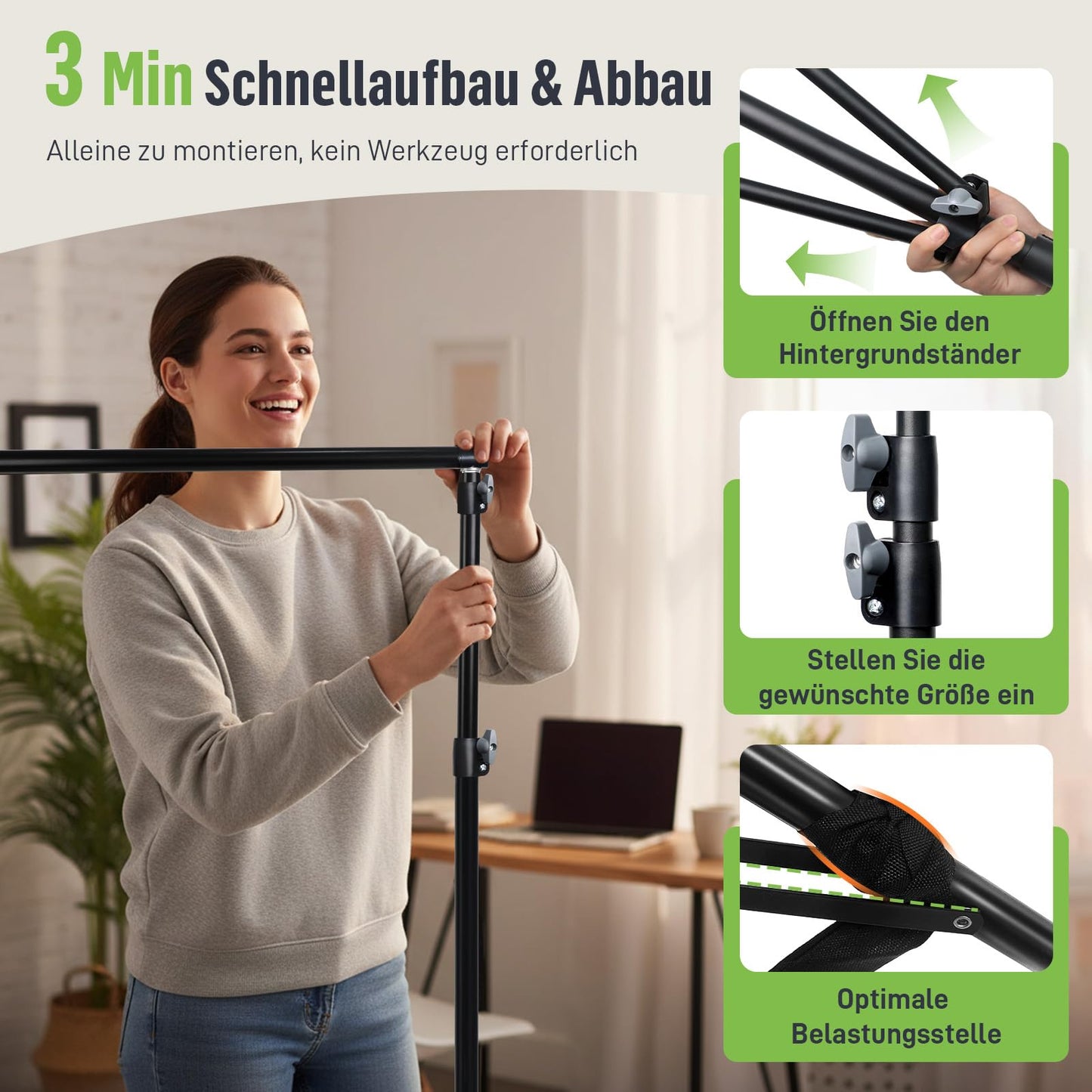 Heysliy Background Stand Set, Professional Photo Background Stand Adjustable (1-3m Height/1.5-3m Width) with Carry Bag - Background System for Studio & Photo Wall Party | Compatible with backdrops - BS01