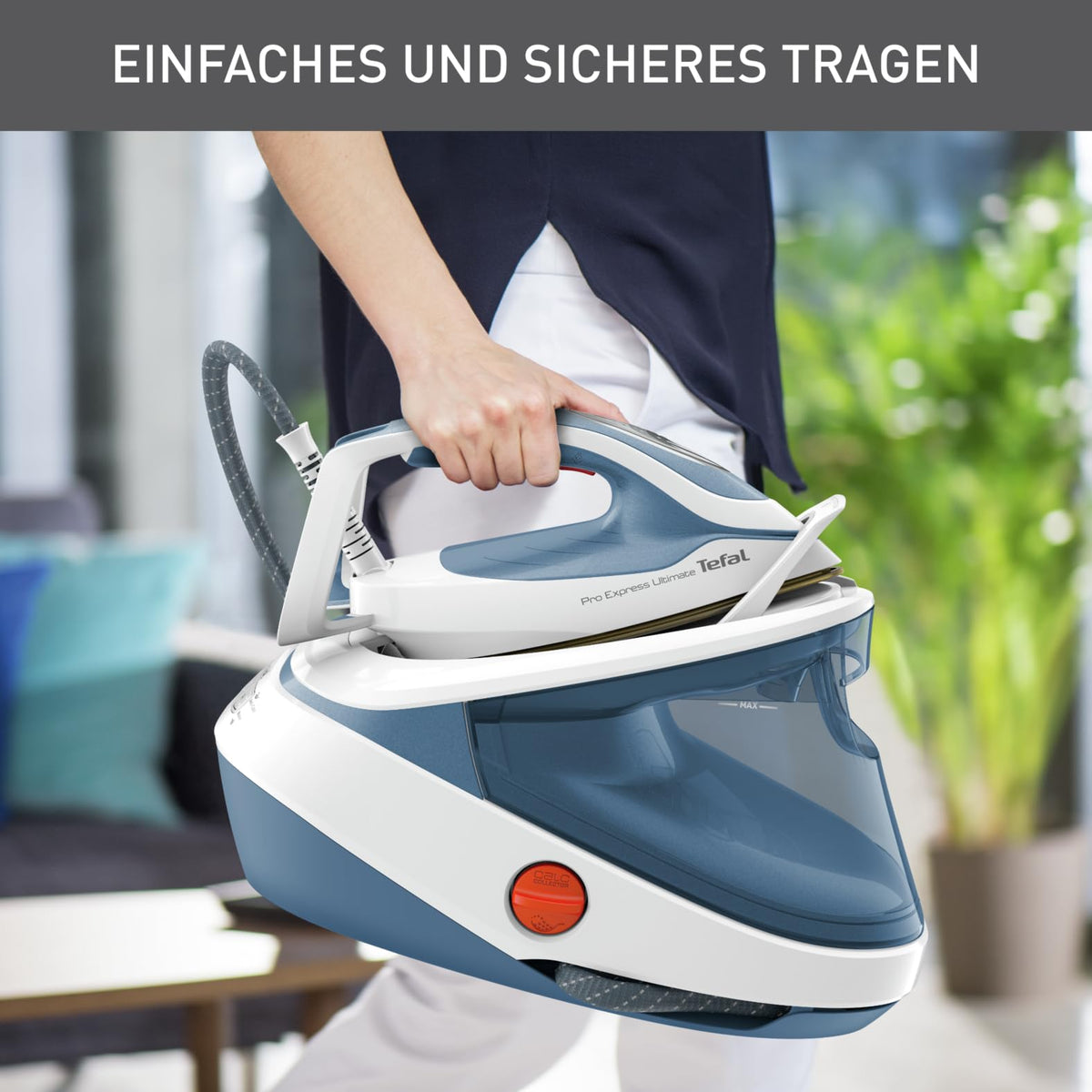 Tefal Pro Express Ultimate stație de călcat cu aburi, 7,6 Bar presiune a aburului, eliberare constantă a aburului: 155 g/min., impuls de abur: 580 g/min., fără setări, funcție de abur vertical, Alb/Albastru, GV9710