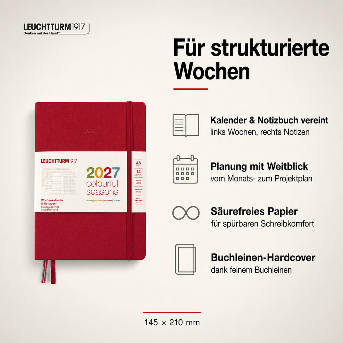 LEUCHTTURM1917 Calendar săptămânal și caiet cu punct mediu (A5) 2027, anotimpuri colorate roșu, germană, cartonată, prezentare generală a calendarului 2026/2027/2028, prezentare generală a planificării 01.27-12.28, planificator de proiect, buzunar