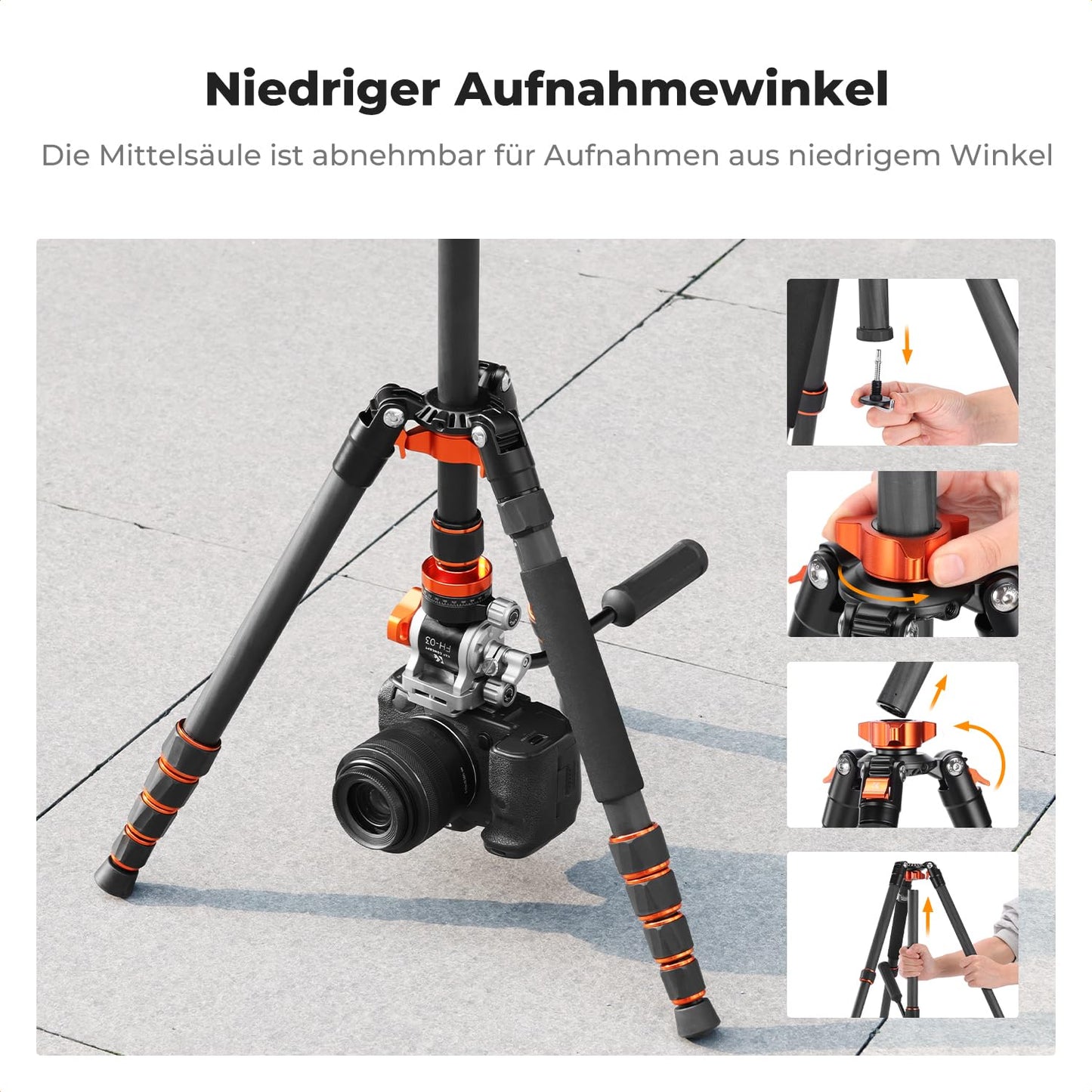K&F CONCEPT 173cm carbon tripod, video tripod with fluid head, compact camera tripod with monopod, travel tripod for on the go O255C4+FH-03 - KF09.158