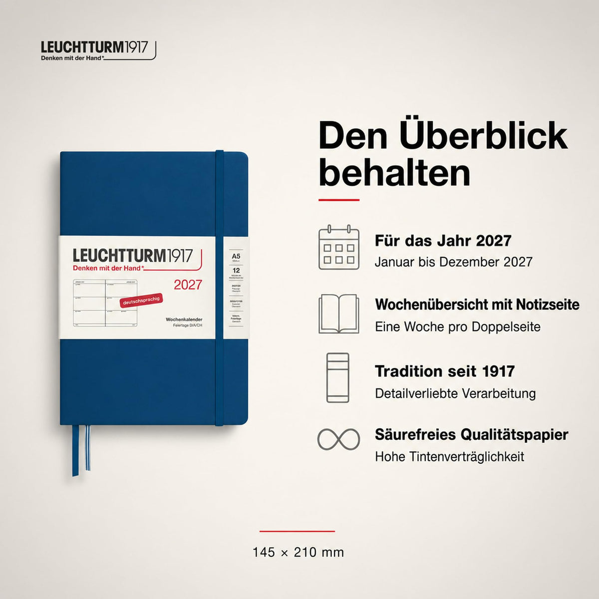 LEUCHTTURM1917 Calendar săptămânal 2027 Mediu (A5) - Germană, Indigo, Hardcover, 145 x 210 mm, 12 luni - ianuarie-decembrie 2027, 1 săptămână pe pagină dublă, hârtie de 80 g/m² cu compatibilitate ridicată cu cerneală - 400107