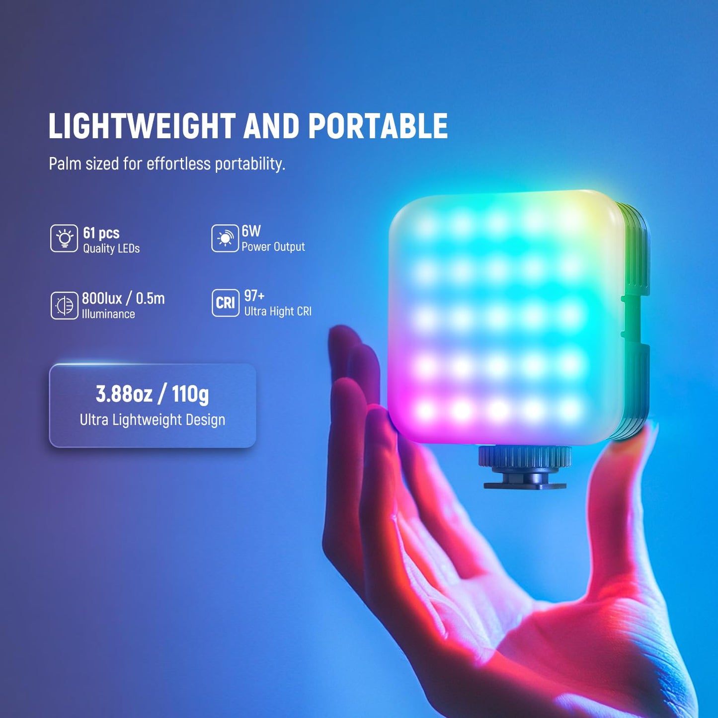 NEEWER Magnetic RGB camera video light, table tripod, 3 cold shoes, APP control CRI97+ 2500-8500K 17 scenes 2000mAh rechargeable photography recording small LED panel lighting RGB62