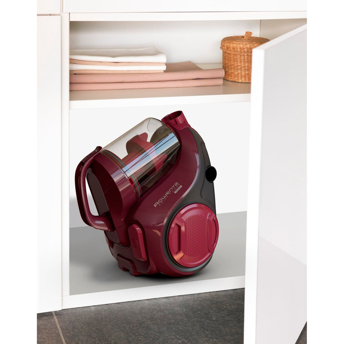 Rowenta RO2933EA, Swift Power Cyclonic Vacuum Cleaner, bagless, cyclone technology, compact design, lightweight, high-performance filter, parquet brush, Black/Dark Red, 750 W, 1.2 liters, 77 decibels. - 7211004135