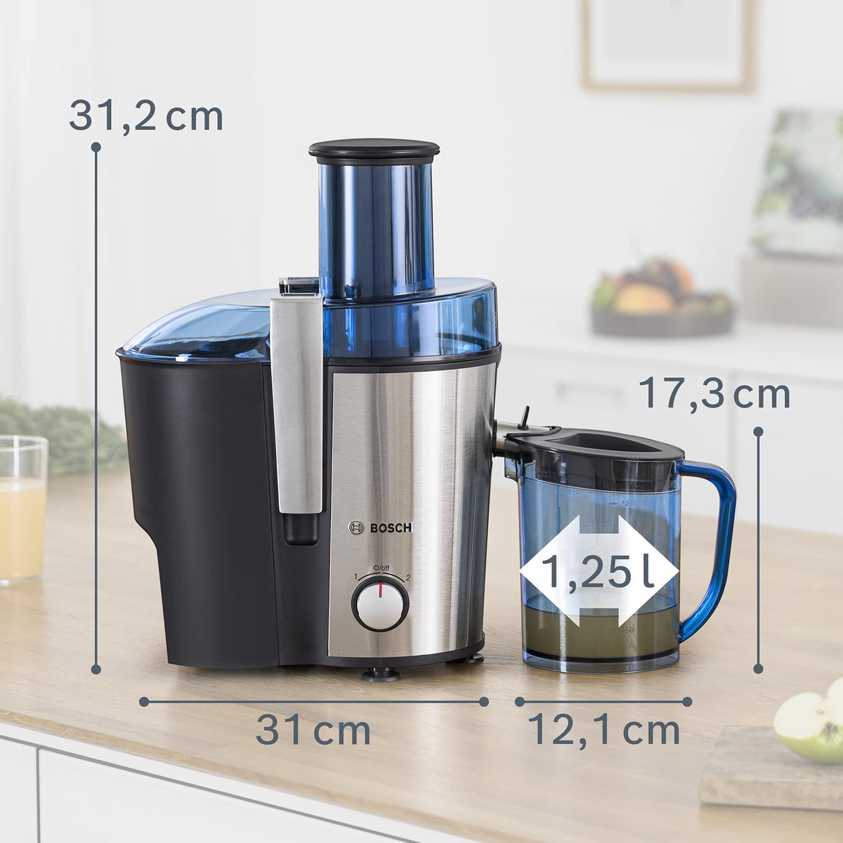 Bosch Hausgeräte Juicer VitaJuice 3 MES3500, electric juice press for fruits and vegetables, large feeding chute, 1.25l juice container, multiple speeds, dishwasher safe, 700 W, blue/silver, stainless steel