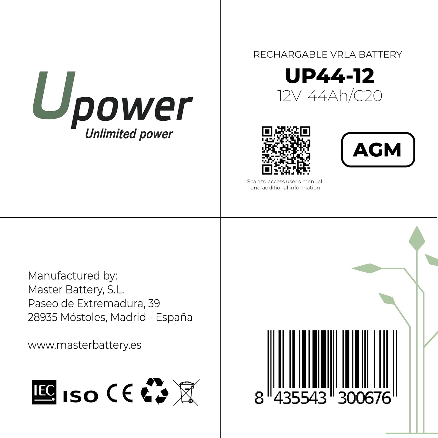 U-Power AGM battery 12V 44Ah, VRLA lead battery maintenance-free, rechargeable, screw connection M6, for UPS/UPS, alarm systems, solar systems & security