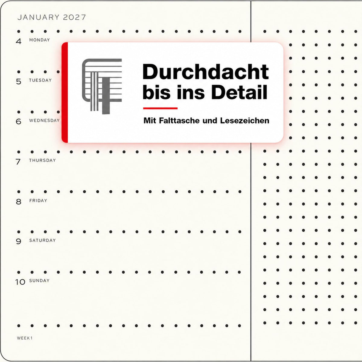 LEUCHTTURM1917 calendar săptămânal 2027 punctat mediu (A5) cu caiet, punctat - planificator de întâlniri engleză, floarea soarelui, copertă cartonată, 145 x 210 mm, ianuarie-decembrie 2027, prezentare săptămânală în stânga + pagina de note în dreapta -