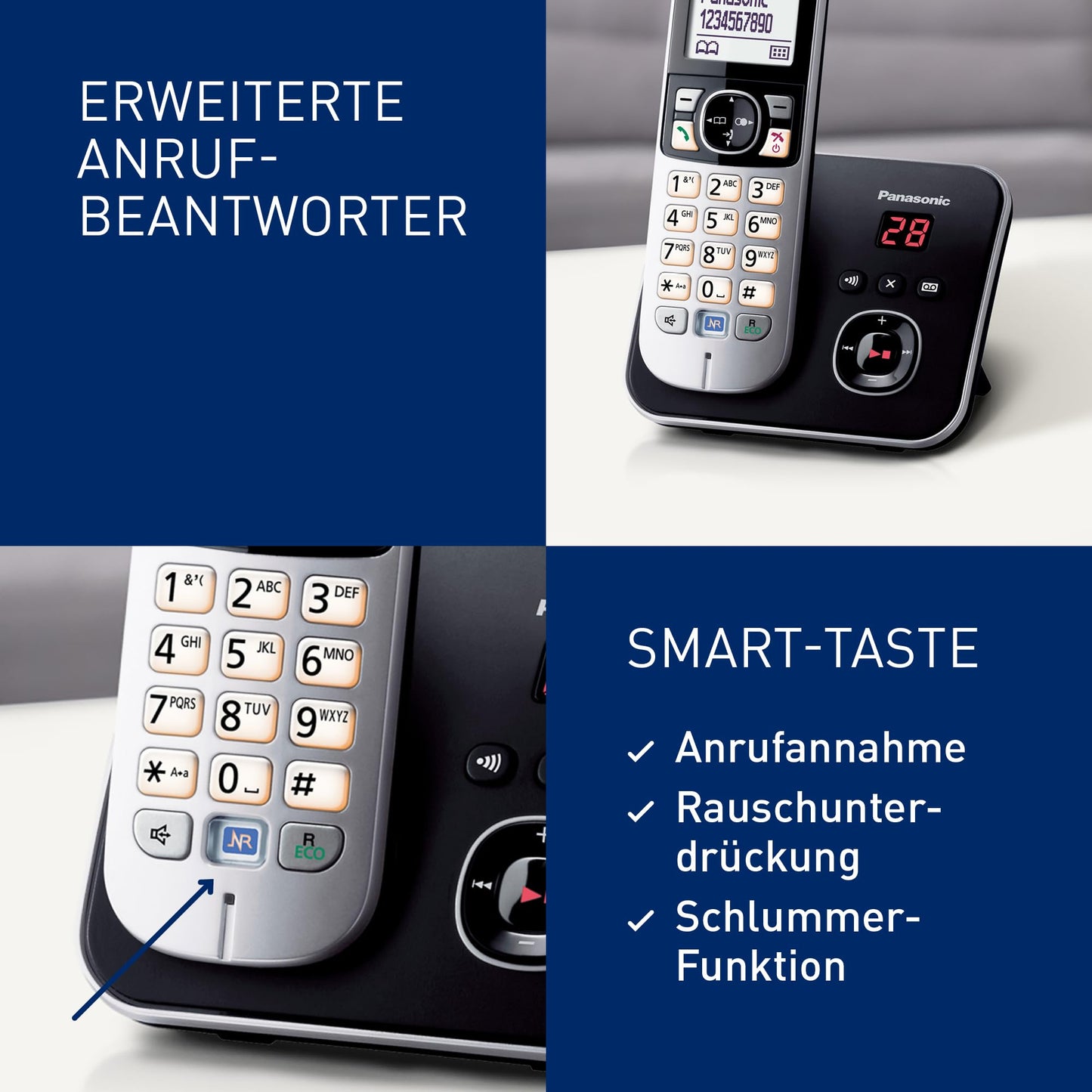 Panasonic KX-TG6822GB DECT cordless telephone with answering machine (low radiation, eco mode, gap telephone, landline, call barring, duo) black