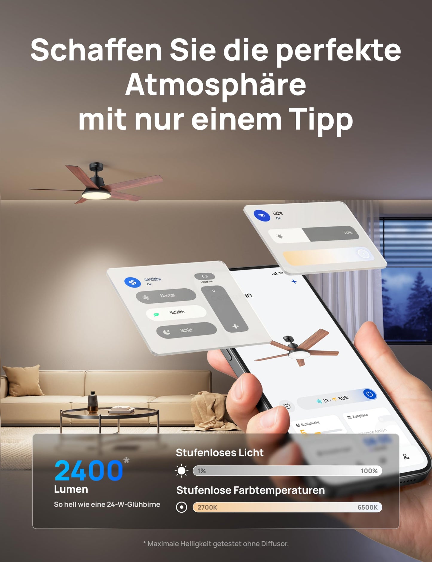 DREO Smart Ceiling Fan with Light, 52" 12 Speeds, 3 Modes, Continuously Dimmable LED Lighting, Quiet DC Motor, 12H Timer, Remote Control/APP/Alexa, Indoor, Black - DR-HCF001S