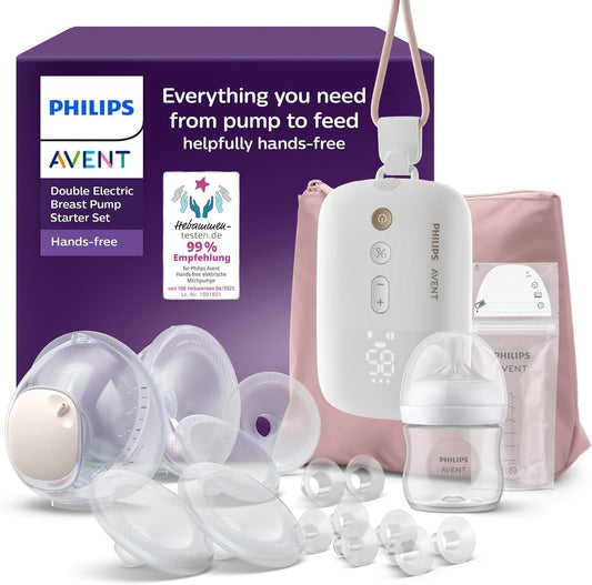 Philips AVENT Hands-Free Breast Pump Starter Set, hospital-grade motor, mimics the baby's drinking rhythm, up to 85 pumping motions per minute, model SCD553/11.