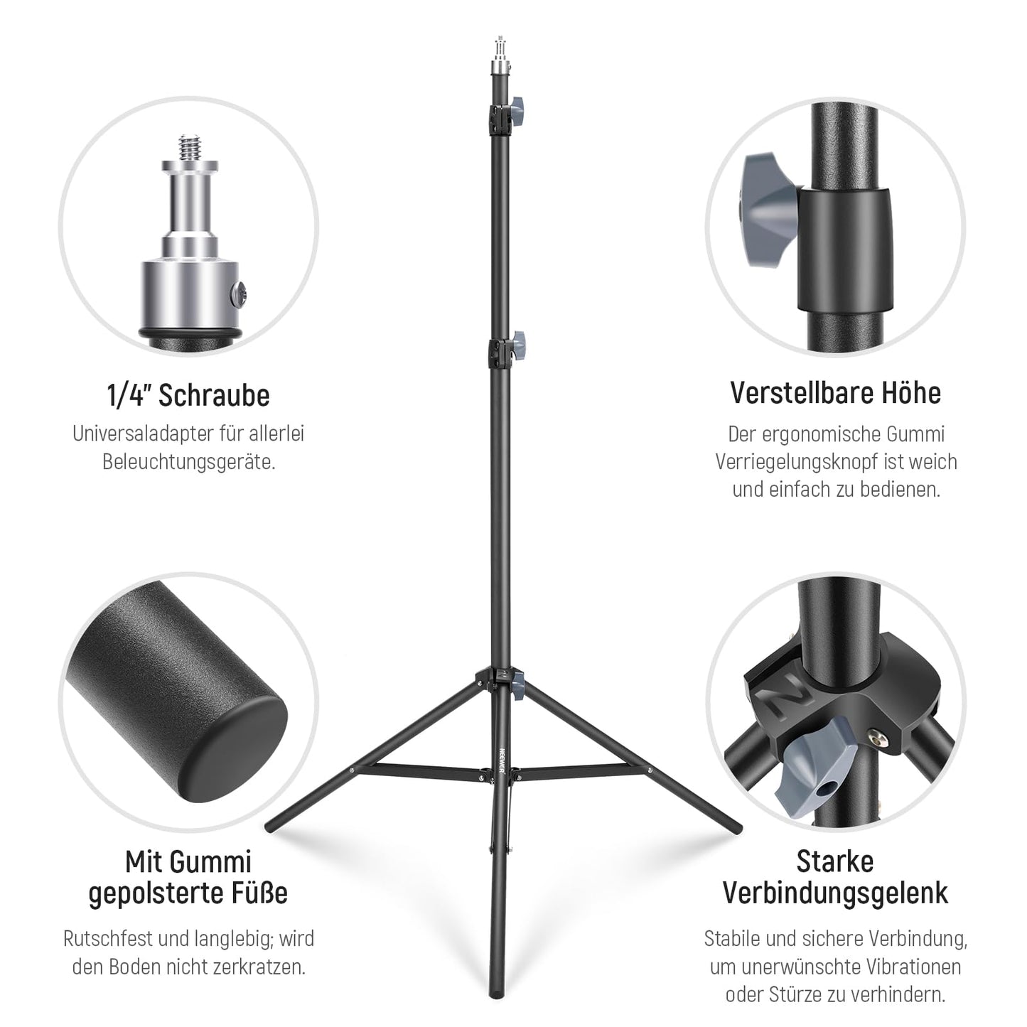 NEEWER Photography Light Stand 87-200cm, Spring-Loaded Lighting Stand with ø28mm Thick Tube Diameter, Lamp Stand for Ring Light/LED/Strobe/Softbox, Max. Load 22lbs, ST-200 Black