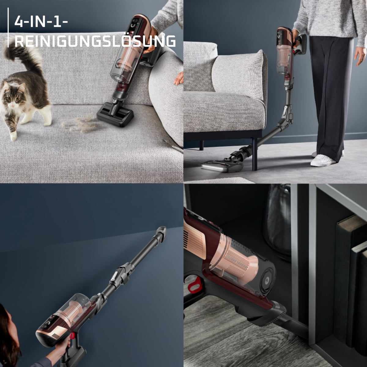 Rowenta X-Pert 6.80 Flex cordless vacuum cleaner, powerful 100 AW, long runtime up to 60 minutes, LED nozzle, handheld vacuum only 1.4 kg, includes pet hair accessories, wine red/black, RH6495E0