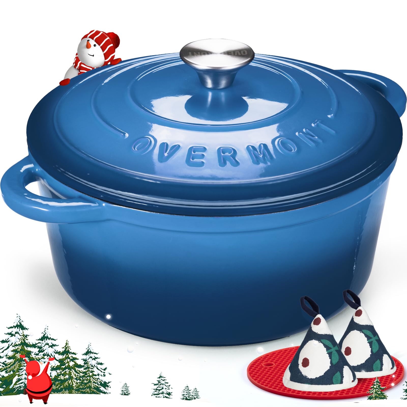 Oală din fontă Overmont Casserole 26 cm - Vas de copt emailat cu capac, rezistent la cuptor - cu carte de bucate - pentru gătit, înăbușit, prăjit, albastru - OM-Email