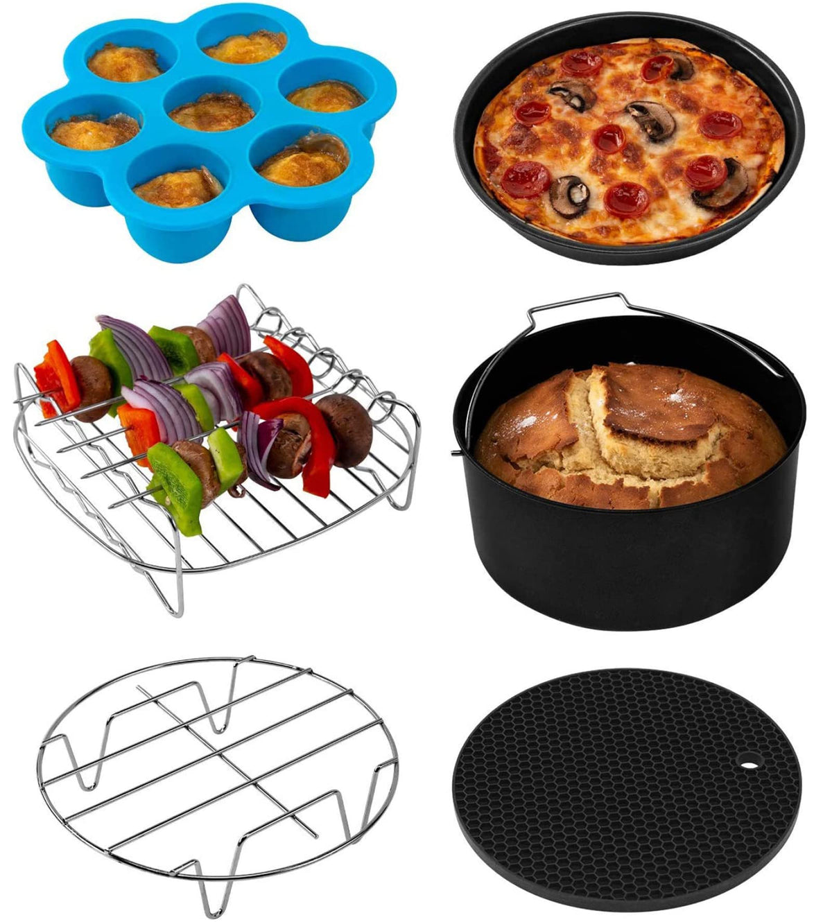 COSORI Air Fryer Accessories, Six-Piece Accessory Set for 5.5L Air Fryers of All Brands, Baking Pan, Pizza Pan, Grill Rack, Steaming Rack, Silicone Mat, Muffin Pan