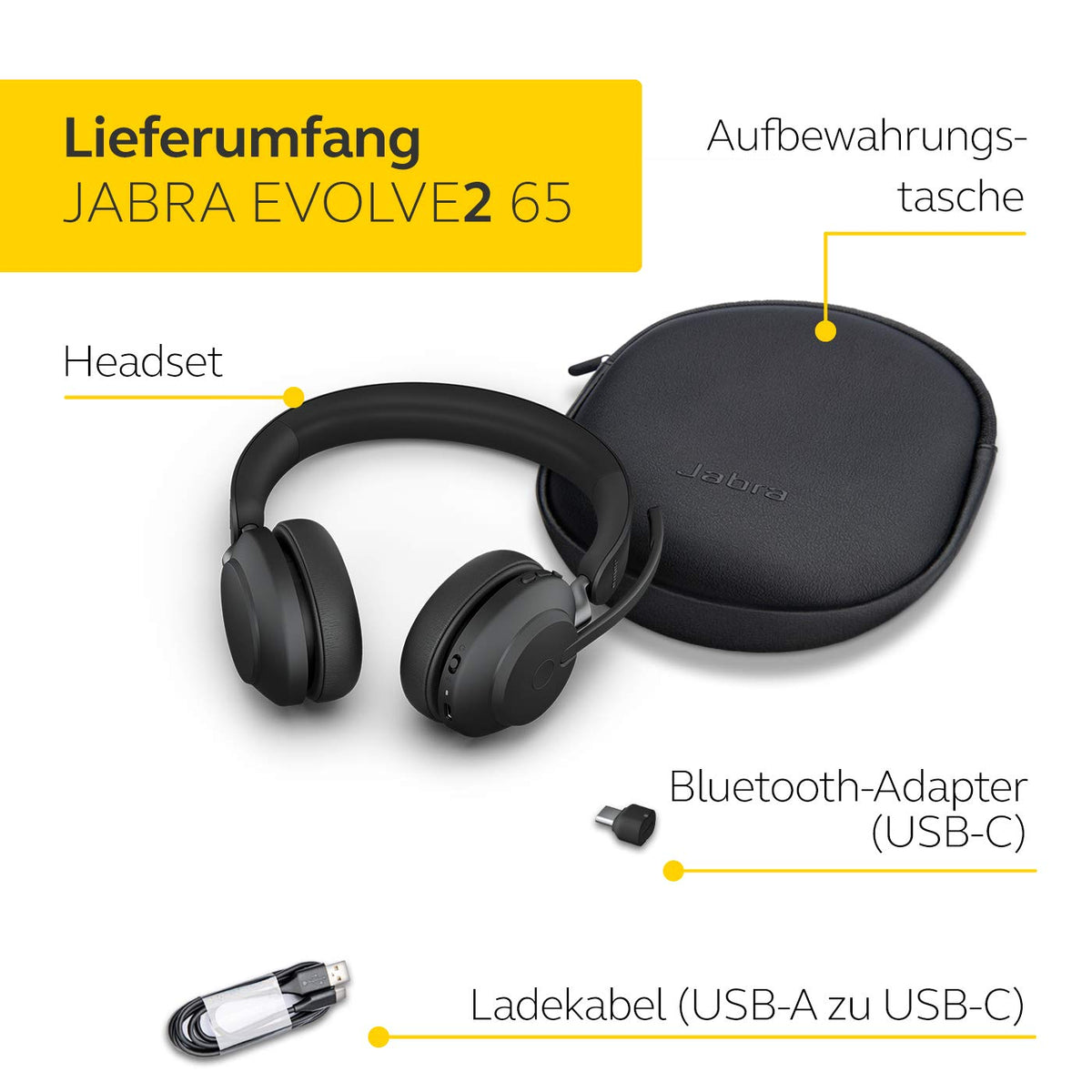 Jabra Evolve2 65 Wireless PC Headset – Noise Canceling UC Certified Stereo Headphones with Long-Lasting Battery – USB-C Bluetooth Adapter – Black - 26599-989-899